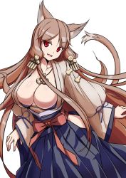 Rule 34 | 1girl, absurdres, aegis (nerocc), animal ears, breasts, brown hair, cat ears, cat girl, cat tail, cleavage, fangs, female focus, highres, japanese clothes, large breasts, long hair, looking at viewer, no nipples, red eyes, simple background, smile, solo, tail, very long hair, white background