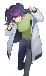 Rule 34 | 1girl, akimikan (2.5deciliter), coat, commentary request, diagonal bangs, green shirt, highres, idolmaster, idolmaster shiny colors, long sleeves, looking at viewer, nail polish, open clothes, open coat, pants, puffy long sleeves, puffy sleeves, purple eyes, purple hair, purple nails, shirt, short twintails, solo, tanaka mamimi, twintails, white background, white coat