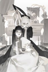 Rule 34 | 2girls, animal ears, black dress, black hair, blunt bangs, bow, candle, candlestand, chest of drawers, chinese commentary, curtains, drawer, dress, eyelashes, fake animal ears, flower, greyscale, hair bow, highres, hime cut, indoors, juliet sleeves, long hair, long sleeves, looking at another, mirror, monochrome, multiple girls, on floor, open mouth, original, pale skin, parted lips, picture frame, puffy short sleeves, puffy sleeves, rabbit, rabbit ears, rose, short sleeves, sitting, straight hair, vase, weibo logo, weibo username, white dress, white flower, white hair, white rose, white theme, youzhi
