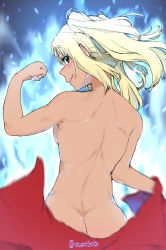 Rule 34 | 1girl, ass, aura, back, bare back, blonde hair, blush, breasts, butt crack, clenched hand, commentary request, dumbbell nan kilo moteru?, flexing, green eyes, highres, holding, holding towel, looking at viewer, looking back, medium hair, motion blur, nude, sakura hibiki, smile, solo, tan, toned, towel, turbo engine (rakugaki tabo), twintails, undressing