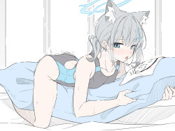 Rule 34 | 1girl, animal ear fluff, animal ears, ass, bare arms, bare legs, bare shoulders, black one-piece swimsuit, blue archive, blue eyes, blue halo, blush, competition swimsuit, cross hair ornament, doodle sensei (blue archive), extra ears, grey hair, hair between eyes, hair ornament, halo, looking at viewer, masabodo, medium hair, mismatched pupils, one-piece swimsuit, open mouth, sensei (blue archive), shiroko (blue archive), shiroko (swimsuit) (blue archive), solo, swimsuit, tongue, tongue out, wolf ears
