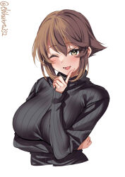 Rule 34 | 1girl, alternate costume, black sweater, blush, breasts, brown hair, cropped torso, ebifurya, green eyes, hair between eyes, hand up, highres, kantai collection, large breasts, long sleeves, looking at viewer, mutsu (kancolle), one-hour drawing challenge, one eye closed, open mouth, ribbed sweater, short hair, simple background, smile, solo, sweater, turtleneck, turtleneck sweater, twitter username, upper body, white background