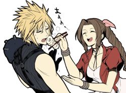 Rule 34 | 1boy, 1girl, aerith gainsborough, armor, blonde hair, bracelet, braid, braided ponytail, breasts, choker, chopsticks, cleavage, closed eyes, cloud strife, cropped jacket, curly hair, dress, feeding, final fantasy, final fantasy vii, final fantasy vii remake, flat color, gloves, grey shirt, hair between eyes, hair ribbon, holding, holding chopsticks, igusaharu, jacket, jewelry, long hair, medium breasts, open mouth, parted bangs, pink dress, red jacket, ribbon, shirt, short hair, shoulder armor, sidelocks, sleeveless, sleeveless turtleneck, smile, spiked hair, square enix, suspenders, sweat, teeth, turtleneck, upper body, upper teeth only, white background