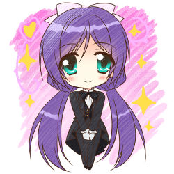 Rule 34 | 10s, 1girl, bow, bowtie, butler, chibi, endori, gloves, green eyes, long hair, love live!, love live! school idol festival, love live! school idol project, love wing bell, lowres, purple hair, smile, solo, tailcoat, tojo nozomi, tuxedo, twintails