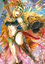 Rule 34 | 1boy, 1girl, blonde hair, confetti, feathers, felyne, glitter, hair ornament, headdress, highres, kneehighs, looking at viewer, mask, monster hunter, monster hunter: world, monster hunter (series), navel, nkyoku, open mouth, passionate (armor), short hair, smile, socks, stomach