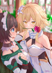 Rule 34 | 2girls, absurdres, benzi li, black hair, blonde hair, blue eyes, blurry, blurry background, blush, breasts, cleavage, detached collar, detached sleeves, dress, embarrassed, eye contact, fang, feather hair ornament, feathers, fingerless gloves, flower, flower in mouth, genshin impact, gloves, green dress, green gloves, hair flower, hair ornament, highres, kabedon, katheryne (genshin impact), looking at another, lumine (genshin impact), maid headdress, medium breasts, mouth hold, multiple girls, red flower, red rose, rose, scarf, short hair with long locks, signature, skin fang, two-tone dress, white dress, white flower, white scarf, white sleeves, yellow eyes, yuri
