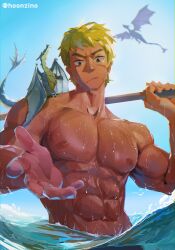 Rule 34 | 1boy, abs, absurdres, blonde hair, blue sky, closed mouth, collarbone, cormag (fire emblem), dragon, facial scar, fire emblem, fire emblem: the sacred stones, fire emblem heroes, flying, highres, holding, holding polearm, holding weapon, hoonzino, looking at viewer, male focus, mini dragon, nintendo, nipples, ocean, outstretched hand, partially submerged, polearm, scar, scar on cheek, scar on face, sitting on shoulder, sky, solo focus, topless male, twitter username, v-taper, water, weapon, wet, wyvern