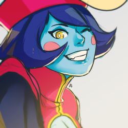 Rule 34 | 1girl, aurahack, blue skin, blurry, blush stickers, breasts, cleavage, colored skin, grin, hat, highres, jiangshi, lei lei, one eye closed, portrait, purple hair, qingdai guanmao, short hair, signature, smile, solo, upper body, vampire (game), yellow eyes