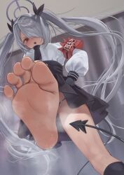 Rule 34 | 1girl, barefoot, blue archive, blush, demon tail, feet, foot focus, grey hair, hair over one eye, hand on own hip, highres, iori (blue archive), long hair, looking at viewer, open mouth, panties, pantyshot, red eyes, rryiup, soles, steam, sweat, tail, toes, twintails, underwear, upskirt