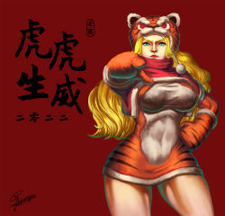 Rule 34 | 1girl, 2022, angry, animal costume, animal ears, animal print, artist name, blonde hair, blue eyes, breasts, chinese zodiac, eyebrows, eyelashes, hand on own hip, highres, kolin, large breasts, lips, looking at viewer, navel, pointing, pointing at viewer, skin tight, solo, standing, street fighter, street fighter v, thick thighs, thighs, tiger costume, tiger ears, tiger print, wide hips, xxx1320, year of the tiger