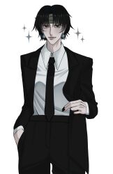 Rule 34 | 1boy, absurdres, bandaged head, bandages, black eyes, black hair, black nails, black suit, chrollo lucilfer, cowboy shot, earrings, formal, hand in pocket, highres, hunter x hunter, jewelry, lisanamii, long sleeves, looking at viewer, male focus, necktie, open clothes, shirt, short hair, simple background, solo, sparkle, suit, white shirt