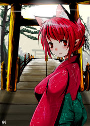 Rule 34 | 1girl, alternate costume, alternate hairstyle, animal ears, blush, bridge, cat ears, cat girl, extra ears, female focus, hair up, han (jackpot), japanese clothes, kaenbyou rin, kimono, looking at viewer, outdoors, pointy ears, red eyes, red hair, signature, smile, solo, touhou, tree, upper body