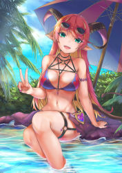 Rule 34 | 1girl, armband, asymmetrical horns, beach umbrella, between breasts, bikini, black choker, blonde hair, breasts, chest harness, choker, colored inner hair, demon girl, demon horns, dincat, eyewear on head, feet out of frame, green eyes, harness, heart-shaped ornament, hololive, horns, jewelry, long hair, looking at viewer, mano aloe, medium breasts, multicolored hair, nail polish, o-ring, open mouth, outdoors, partially submerged, pendant, pink-framed eyewear, pink hair, pink nails, pointy ears, sitting, smile, soaking feet, solo, streaked hair, swimsuit, thigh strap, two-tone hair, umbrella, under umbrella, uneven horns, v, virtual youtuber, water, wet