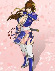 Rule 34 | 1girl, armor, breasts, brown eyes, brown hair, choker, cleavage, dead or alive, greaves, hair ribbon, high ponytail, kasumi (doa), large breasts, long hair, narumero, ninja, no bra, pelvic curtain, petals, ponytail, ribbon, sandals, sash, short sleeves, short sword, solo, sword, tanto, tantou, tassel, tecmo, thighhighs, vambraces, weapon, weapon on back, white thighhighs
