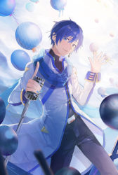 Rule 34 | 1boy, absurdres, anniversary, balloon, belt, blue eyes, blue hair, blue nails, blue pants, blue scarf, blue shirt, coat, commentary, cowboy shot, earrings, english commentary, hands up, headset, highres, holding, holding microphone, index finger raised, jewelry, kaito (vocaloid), kaito (vocaloid3), linch, looking at viewer, male focus, microphone, microphone stand, nail polish, pants, parted lips, scarf, shirt, smile, standing, vocaloid, white coat