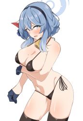 Rule 34 | 1girl, absurdres, ako (blue archive), alternate costume, arm under breasts, bare shoulders, bell, bikini, blue archive, blue eyes, blue hair, blush, breasts, collarbone, embarrassed, gloves, half gloves, halo, highres, large breasts, long hair, neck bell, open mouth, seihekiog, sideboob, skindentation, solo, swimsuit, thighhighs, thighs, white background
