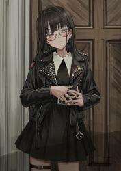 Rule 34 | 1girl, absurdres, badge, black dress, black jacket, black nails, blush, brown hair, button badge, closed mouth, cowboy shot, cross, cross earrings, door, dress, earrings, fingernails, gishiki (gshk), glasses, head tilt, highres, interlocked fingers, jacket, jewelry, leather, leather jacket, long hair, looking at viewer, multiple rings, nail polish, original, own hands together, ring, semi-rimless eyewear, short dress, shoulder spikes, smile, smiley face, solo, spikes, thigh strap, under-rim eyewear, yellow eyes