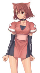 Rule 34 | 1girl, animal ears, bob cut, bridal gauntlets, brown eyes, brown hair, cat ears, choker, clenched hands, hair between eyes, highres, japanese clothes, jewelry, kimono, looking away, mao (shining tears), ninja, official art, pendant, red eyes, red hair, sega, shining (series), shining tears, short hair, short kimono, simple background, solo, standing, tony taka, white background