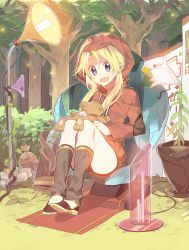 Rule 34 | 1girl, absurdres, bad id, bad pixiv id, bag, blonde hair, blue eyes, fish, flower, forest, highres, hood, long hair, nature, open mouth, original, sennen suisei, sitting, solo, star (symbol), stuffed animal, stuffed toy