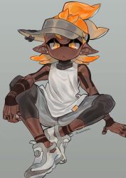 1boy arm_on_own_leg arm_rest arm_tattoo black_leggings closed_mouth cross-eyed dark_skin dot_nose earrings finger_out_of_frame foot_out_of_frame grey_background grey_shorts half-closed_eyes hand_tattoo highres indian_style inkling inkling_boy inkling_player_character jewelry junco knee_up leggings leggings_under_shorts light_frown looking_down male_focus nintendo orange_eyes orange_hair pointy_ears shirt shoes shorts signature simple_background sitting slit_pupils sneakers solo splatoon_(series) spread_legs straight-on stud_earrings tattoo toned very_dark_skin visor_cap white_footwear white_shirt