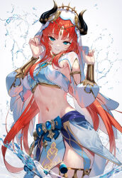 Rule 34 | 1girl, blue bow, blue eyes, blue gemstone, blue skirt, bow, bracer, breasts, circlet, commentary, cowboy shot, detached sleeves, fake horns, gem, genshin impact, hands up, harem outfit, horns, long hair, long sleeves, looking at viewer, low twintails, medium breasts, navel, nilou (genshin impact), parted bangs, parted lips, pelvic curtain, puffy long sleeves, puffy sleeves, red hair, scottie (phantom2), simple background, skirt, smile, solo, stomach, tassel, thighlet, thighs, twintails, veil, very long hair, water, wet, wet clothes, white background, white headwear, white sleeves