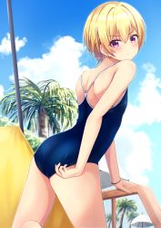 Rule 34 | 1girl, adjusting clothes, adjusting swimsuit, ass, beach umbrella, blonde hair, blue one-piece swimsuit, blue sky, cloud, competition school swimsuit, cowboy shot, day, from behind, highres, idolmaster, idolmaster shiny colors, looking at viewer, miso (misomiso 154), one-piece swimsuit, outdoors, palm tree, purple eyes, saijo juri, school swimsuit, short hair, sky, solo, swimsuit, tree, umbrella