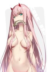 Rule 34 | 10s, 1girl, breasts, commentary request, covered erect nipples, darling in the franxx, fish, green eyes, groin, hair between eyes, hair censor, hong (white spider), horns, long hair, looking at viewer, medium breasts, mouth hold, navel, original, out-of-frame censoring, pink hair, signature, solo, standing, upper body, very long hair, wet, zero two (darling in the franxx)