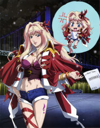 Rule 34 | 1girl, absurdres, anger vein, blonde hair, blue eyes, blush, breasts, bustier, chibi, cleavage, cupping glass, denim, denim shorts, dress, earrings, hand on own hip, highres, jewelry, large breasts, leg ribbon, macross, macross frontier, macross frontier: itsuwari no utahime, marufuji hirotaka, midriff, navel, official art, open mouth, parted lips, ribbon, scan, sheryl nome, shiny skin, shorts, skindentation, thigh ribbon