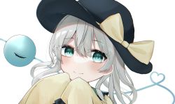 Rule 34 | 0krmi, 1girl, black hat, blush, bow, floppy sleeves, green eyes, hair between eyes, hat, heart, heart of string, highres, komeiji koishi, long sleeves, looking at viewer, portrait, shirt, silver hair, simple background, sleeves past fingers, sleeves past wrists, smile, solo, third eye, touhou, white background, yellow bow, yellow shirt