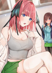 Rule 34 | absurdres, bare shoulders, black legwear, black ribbon, blue eyes, blue jacket, blunt bangs, blurry, blurry background, blush, breasts, brown hair, cardigan, cleavage, closed mouth, commentary request, go-toubun no hanayome, green skirt, grey tank top, hair between eyes, hair ornament, hair ribbon, hands up, headphones, headphones around neck, highres, huge filesize, jacket, large breasts, long hair, long sleeves, looking at viewer, miniskirt, nakano miku, nakano nino, open mouth, pink hair, pleated skirt, ribbon, shirt, siblings, sisters, skindentation, skirt, solo focus, tank top, thighhighs, two side up, uiri-na, undressing, white legwear