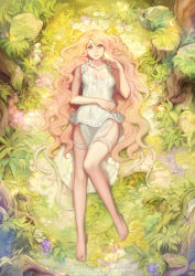 Rule 34 | 1girl, apron, barefoot, breasts, bug, butterfly, butterfly on hand, caesty, feet, forest, full body, garter straps, insect, legs, lingerie, long hair, long legs, looking at viewer, lying, nature, negligee, on back, orange eyes, original, pink hair, small breasts, source request, toes, tree stump, underwear, very long hair, waist apron, watermark, web address