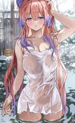 Rule 34 | 1girl, bare tree, blush, breasts, cleavage, collarbone, fingernails, genshin impact, gradient hair, hair between eyes, hair intakes, hair over shoulder, hand on own head, hand up, highres, large breasts, long hair, looking at viewer, multicolored hair, naked towel, onsen, parted lips, pink hair, purple eyes, purple hair, sangonomiya kokomi, saya (mychristian2), signature, snow, snow on tree, solo, thighs, towel, tree, triangle mouth, two-tone hair, wading, water, wet, white towel, winter