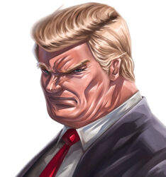 Rule 34 | 1boy, animification, black jacket, blonde hair, blue eyes, colonado, commentary, donald trump, jacket, male focus, necktie, old, old man, real life, red necktie, shirt, short hair, simple background, solo, suit jacket, white background, white shirt