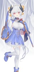 Rule 34 | 1girl, black gloves, black horns, blue dress, blue footwear, blush, boots, breasts, cosplay, dmith, dragon girl, dragon horns, dress, melusine (fate), melusine (second ascension) (fate), fate/grand order, fate (series), frills, gloves, high heel boots, high heels, highres, horns, kiyohime (fate), kiyohime (third ascension) (fate), large breasts, long hair, long sleeves, looking at viewer, melusine (fate) (cosplay), multiple horns, open mouth, ponytail, red eyes, smile, solo, thighhighs, thighs, weapon, white hair, white thighhighs