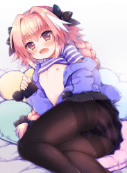 Rule 34 | 1boy, ass, astolfo (fate), astolfo (memories at trifas) (fate), black pantyhose, blouse, blush, bow, braid, brown pantyhose, bulge, casual, chonkoo, clothes lift, fang, fate/apocrypha, fate/grand order, fate (series), hair between eyes, hair bow, hair intakes, jacket, long hair, looking at viewer, lying, male focus, multicolored hair, nipples, official alternate costume, on side, open mouth, panties, panties under pantyhose, pantyhose, pink eyes, pink hair, pom pom (clothes), purple panties, purple shirt, see-through, shiny skin, shirt, shirt lift, single braid, skirt, solo, striped clothes, striped panties, striped shirt, trap, two-tone hair, underwear, very long hair, white background, white hair, white shirt