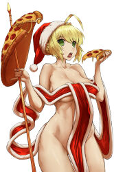 Rule 34 | 1girl, alternate costume, blonde hair, fate/grand order, fate (series), food, green eyes, haraya manawari, hat, highres, holding, holding food, holding pizza, holding polearm, holding weapon, little caesars, looking at viewer, nero claudius (fate), nero claudius (fate) (all), open mouth, pizza, polearm, ribbon, santa hat, short hair, simple background, solo, standing, weapon, white background