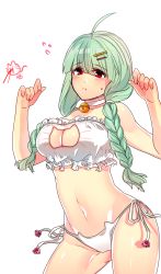 Rule 34 | 1girl, ahoge, bad id, bad pixiv id, bare shoulders, bell, blush, bra, braid, breasts, cat cutout, cat ear panties, cat lingerie, character request, choker, cleavage, cleavage cutout, clothing cutout, green hair, hair ornament, hairclip, jingle bell, karmaho, large breasts, long hair, looking at viewer, meme attire, navel, neck bell, panties, red eyes, side-tie panties, simple background, solo, standing, twin braids, underwear, white background, white panties