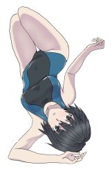 Rule 34 | 1girl, absurdres, amagami, bare arms, black hair, black one-piece swimsuit, breasts, brown eyes, competition swimsuit, covered navel, full body, highres, kimuwaipu, legs together, looking at viewer, medium breasts, nanasaki ai, one-piece swimsuit, parted lips, short hair, simple background, solo, swimsuit, thigh gap, upside-down, white background