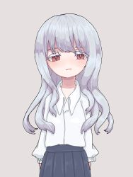 Rule 34 | 1girl, blue skirt, collared shirt, cowboy shot, grey background, gurigore shabi, highres, long hair, long sleeves, looking at viewer, no nose, original, pleated skirt, red eyes, shirt, shirt tucked in, silver hair, simple background, skirt, solo, white shirt