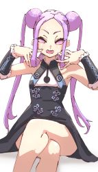 Rule 34 | 1girl, bare shoulders, black dress, breasts, china dress, chinese clothes, cosplay, crossed legs, detached sleeves, double bun, dress, fate/grand order, fate (series), forehead, hair bun, hair ornament, highres, light purple hair, long hair, looking at viewer, niwaikanai, open mouth, parted bangs, purple eyes, sidelocks, simple background, sitting, small breasts, smile, twintails, very long hair, white background, wu zetian (fate), yang guifei (fate), yang guifei (fate) (cosplay), yang guifei (first ascension) (fate)