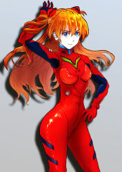 Rule 34 | 1girl, absurdres, artist request, ass, blue eyes, bodysuit, breasts, brown hair, curvy, grey background, highres, interface headset, long hair, looking at viewer, medium breasts, neon genesis evangelion, plugsuit, red bodysuit, skin tight, smile, souryuu asuka langley, tsundere, twintails, two side up, very long hair