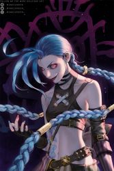 Rule 34 | 1girl, arcane: league of legends, arcane jinx, artist name, asymmetrical bangs, bare shoulders, belt, black background, blue hair, blue nails, braid, breasts, brown belt, cloud tattoo, english text, fingerless gloves, gloves, hand up, highres, jinx (league of legends), league of legends, long hair, nail polish, navel, pants, pink eyes, pink nails, small breasts, smile, solo, stomach, striped clothes, striped pants, striped sleeves, tattoo, twin braids, wandzardeen
