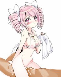 Rule 34 | 1boy, 1girl, bikini, bikini top only, blush, bottomless, breasts, cross, cross necklace, cum, cum in pussy, drill hair, girl on top, groin, hair ornament, hair ribbon, hetero, highres, jashin-chan dropkick, jewelry, large breasts, looking at viewer, navel, necklace, nipples, open mouth, pink eyes, pink hair, pino (jashin-chan dropkick), ribbon, see-through, sex, simple background, swimsuit, tears, twin drills, vaginal, white background, white bikini