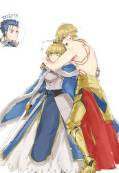 Rule 34 | 1girl, 2boys, 88 (einnimnech), absurdres, ahoge, arabian clothes, artoria pendragon (all), artoria pendragon (fate), blonde hair, blue hair, breasts, commentary request, crown, cu chulainn (fate), cu chulainn (fate/stay night), earrings, fate/grand order, fate/stay night, fate (series), full body, gilgamesh, gilgamesh (caster) (fate), gilgamesh (fate), gothic lolita, green eyes, highres, jewelry, lolita fashion, long hair, multiple boys, nero claudius (fate), nero claudius (fate) (all), open mouth, red eyes, saber (fate), saber alter, short hair, white background