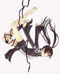 Rule 34 | 00s, 1girl, bad id, bad pixiv id, bare legs, barefoot, black hair, d.gray-man, falling, full body, lenalee lee, long hair, simple background, solo, soysauce (pixiv47673), toes, twintails, upside-down, white background
