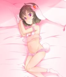 Rule 34 | 1girl, animal ears, bare shoulders, bed sheet, bow, breasts, brown hair, carrot hair ornament, commentary request, floppy ears, food-themed hair ornament, frills, gloves, hair bow, hair ornament, hairband, hashimoto w.s., inaba tewi, lingerie, looking at viewer, lying, navel, on side, petite, pillow, pink eyes, rabbit ears, rabbit girl, rabbit tail, short hair, small breasts, socks, solo, tail, touhou, underwear, white gloves, white socks