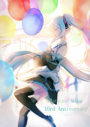 Rule 34 | 1girl, absurdly long hair, balloon, black footwear, black skirt, blue hair, blue necktie, boots, breasts, character name, closed eyes, detached sleeves, floating hair, from side, hair between eyes, hatsune miku, headphones, highres, long hair, medium breasts, miniskirt, necktie, pleated skirt, shirt, sideboob, skirt, sleeveless, sleeveless shirt, smile, solo, thigh boots, thighhighs, twintails, very long hair, vocaloid, white shirt, xiao yung lin, zettai ryouiki