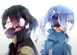 Rule 34 | 1girl, black hair, blue eyes, blue hair, blurry, dual persona, ene (kagerou project), enomoto takane, gas mask, headphones, kagerou project, long hair, mask, poni (rito), red eyes, tears, twintails