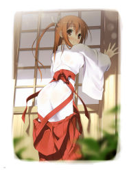 Rule 34 | 1girl, absurdres, against wall, ass, blush, brown eyes, from behind, hakama, hakama skirt, highres, japanese clothes, kantoku, long hair, looking back, miko, no panties, open clothes, open mouth, orange hair, pink eyes, ponytail, red hakama, scan, shouji, skirt, sliding doors, solo, wet, wet clothes