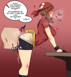 1boy 1girl ass_lift bad_tag bandana bike_shorts blue_eyes breasts brown_hair closed_eyes creatures_(company) cum game_freak gloves large_breasts may_(pokemon) nintendo nonochton pokemon pokemon_rse pussy_juice rape short_hair shorts speech_bubble tongue tongue_out torn_clothes torn_shorts